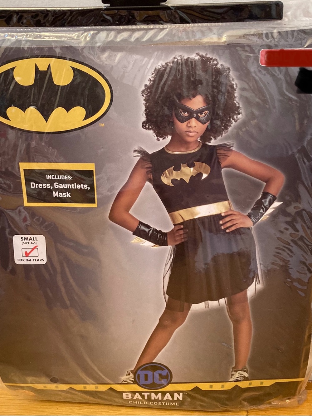 DC Batgirl Girls Black & Gold Costume Dress with Mask and Gauntlets